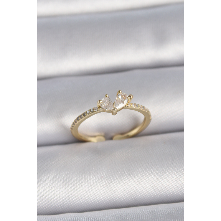 Pirinç Gold Renk Ayarlanabilir Zirkon Taşlı Kalp Model Kadın Yüzük 5886