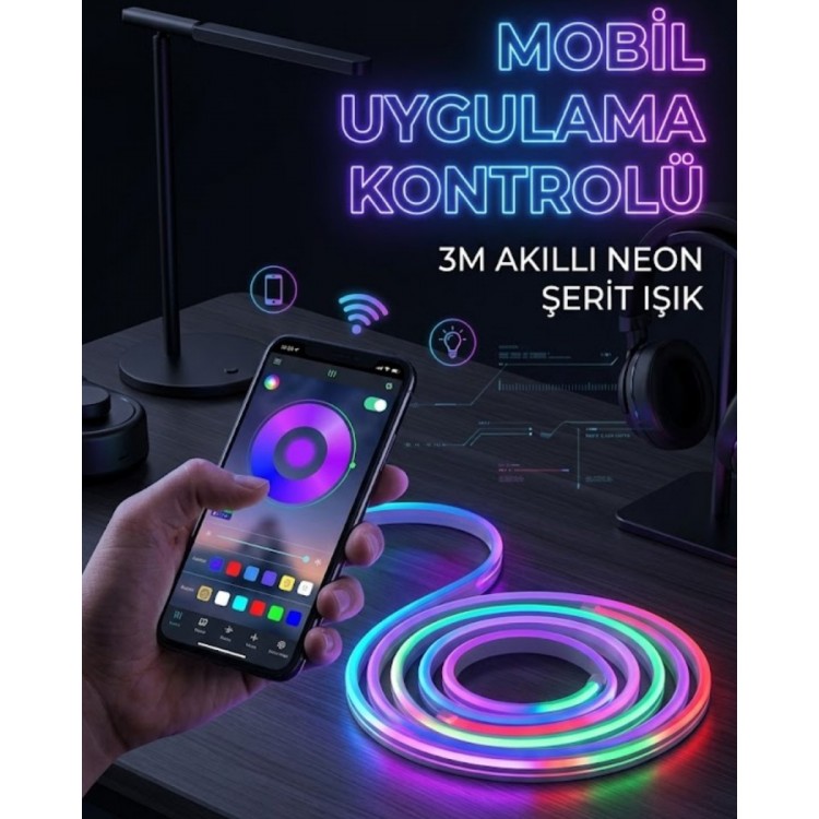 3 Metre RGB Neon LED Şerit Işık Su Geçirmez Kumandalı ve Uygulama Kontrollü Dekoratif Aydınlatma