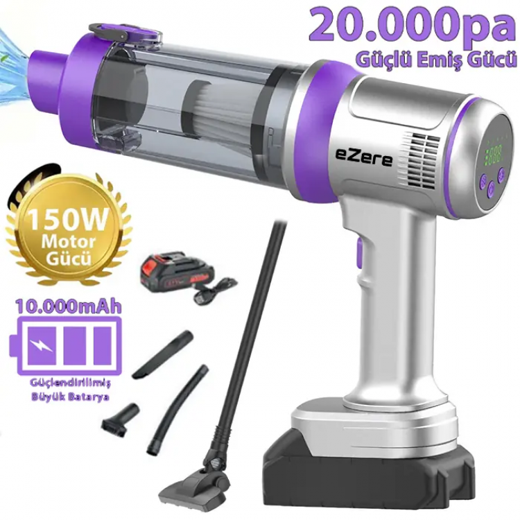 Ezere Powerstorm Kablosuz El Süpürgesi 20000Pa Çekim Gücü 3 Kademeli HEPA Filtre 21V 2.0Ah Batarya-(5775)