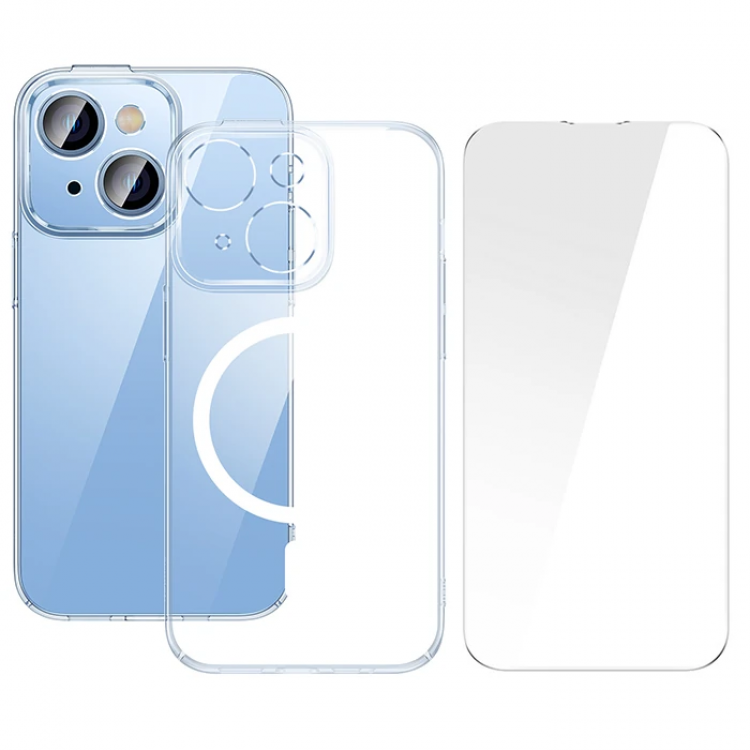 Baseus Crystal iPhone 14 6.1 Magsafe SiliconeCase + Tempered Screen Protector Set-(5775)