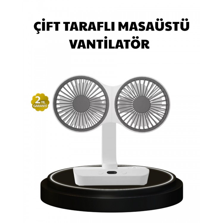720° Dönebilen Çift Başlıklı USB Şarjlı Masaüstü Vantilatör – Sessiz ve Güçlü Serinlik
