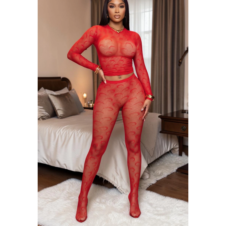 Red Transparent Patterned Long Sleeve Mesh Body Socks TM1443