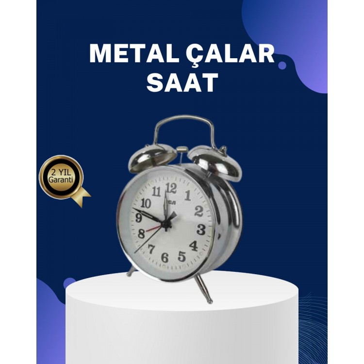 Alarmlı Dekoratif Yuvarlak Masa Saati Gümüş Renk Sessiz ve Işıklı
