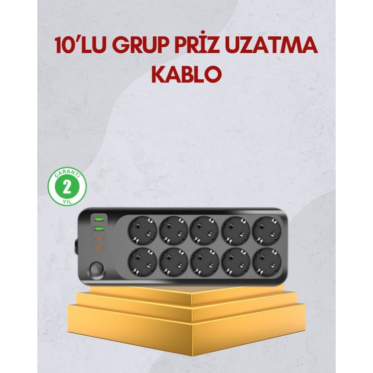 10 Prizli Uzatma Kablosu Termal Koruma USB Type-C Hızlı Şarj 2500W