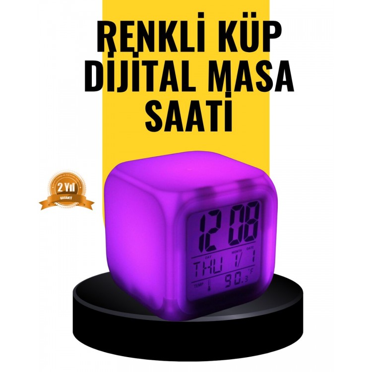 Digital Cube Table with 7 Color LED Lights and AlarmClock with Thermometer