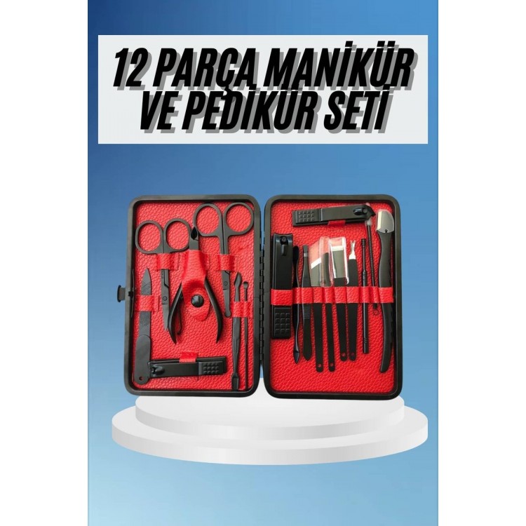 Black Stainless Steel 17 Piece Manicure with Leather CasePedicure Set