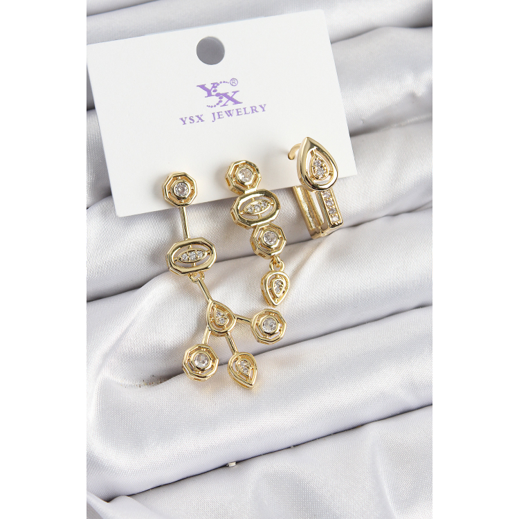 Pirinç Zİrkon Taşlı Geometrik Model Gold Renk 3'lü Kadın Küpe 5886