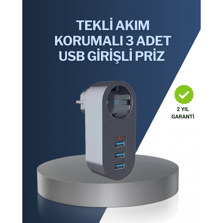Çocuk Korumalı Termal Priz – 3'lü USB Şarj ve Akım Koruması