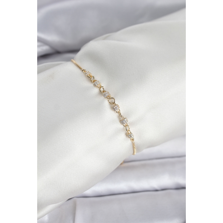Gold Renk Zincir Model Zirkon Taşlı Pirinç Asansörlü Kadın Bileklik 5886