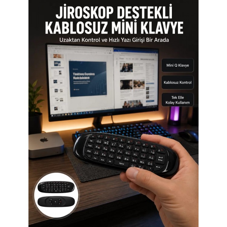 Kablosuz Hava Fareli Mini Klavye Jiroskop Destekli Uzaktan Kumanda Yeni Nesil