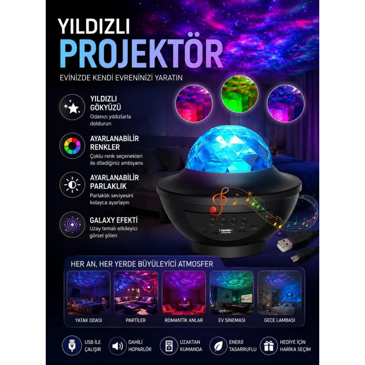 Galaxy Efektli LED Gece Lambası Projektörü Bluetooth Bağlantılı