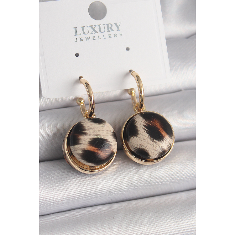 Pirinç Gold Renk Leopar Desenli Daire Model Kadın Küpe 5886