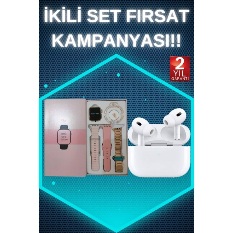 3 Kordonlu Pembe Amoled Ekran Akıllı Saat ve Yeni Nesil Pro Kablosuz Bluetooth Kulaklık ANC/ENC