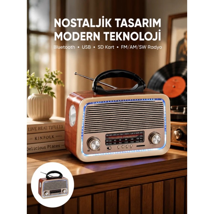 Nostalji Bluetooth Radyo FM AM SW Ahşap Eskitme Tasarım Yeni Nesil