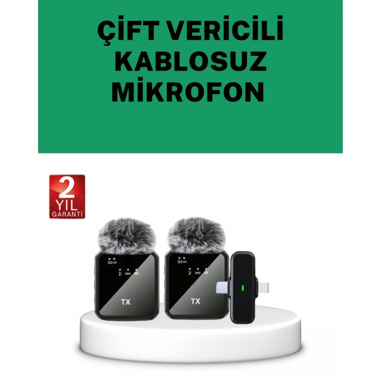 Canlı Yayın ve Video Çekimleri İçin Çiftli Kablosuz Yaka Mikrofon