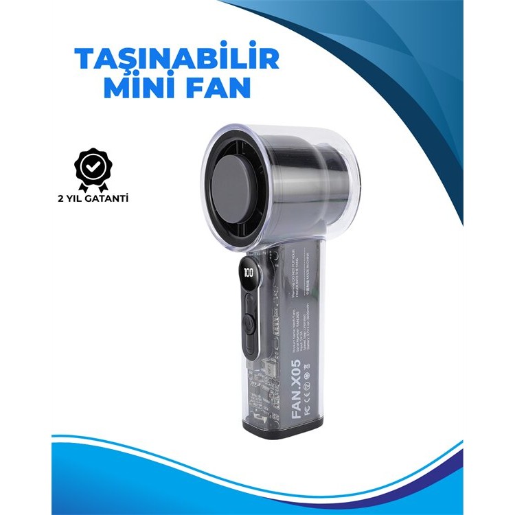 Taşınabilir El Fanı  100 Seviyeli Rüzgar Hızı Ayarı  Sessiz Çalışma - Dijital Ekranlı
