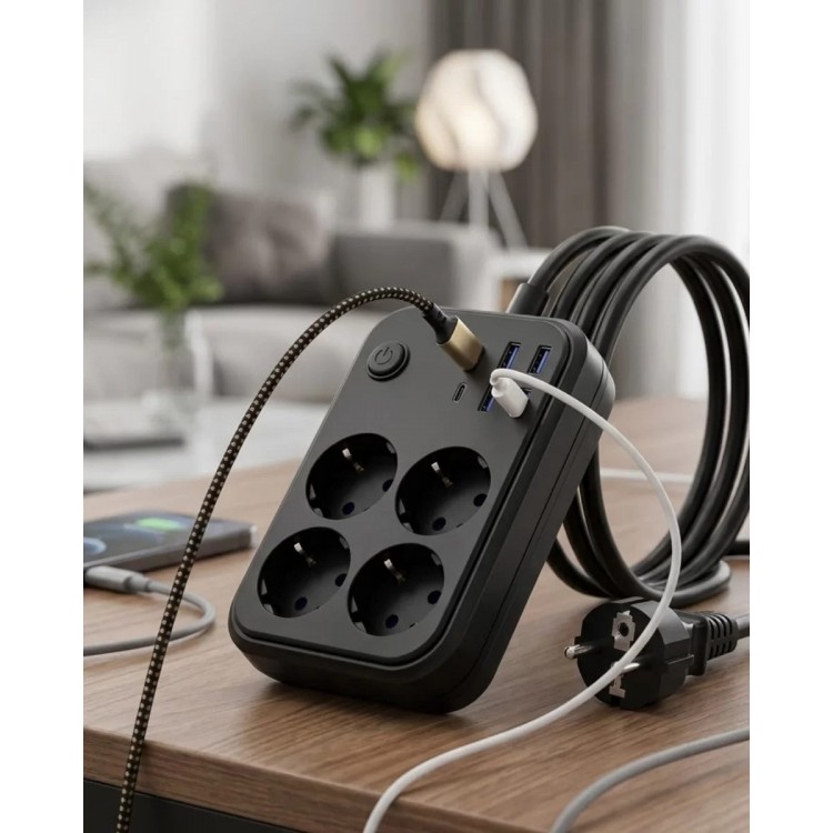 Akım Korumalı Çoklu Priz 4 USB 2 Type C 4 Priz Güvenli ve Hızlı Şarj