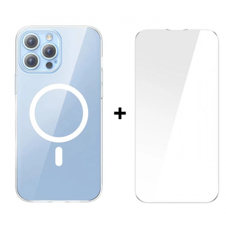 Baseus Crystal iPhone 13 Pro Magsafe Silicone Case+ Tempered Screen Protector Set-(5775)
