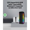 RGB ışık efektli çift hoparlörlü taşınabilir Bluetooth hoparlör, güçlü ses kalitesi ve şık tasarımıyla müzik deneyiminizi bir üst seviyeye taşır. İki adet 4 inç hoparlör, yüksek ses gücü ve güçlü bas sunarak hem açık alanlarda hem de kapalı mekanlarda etk