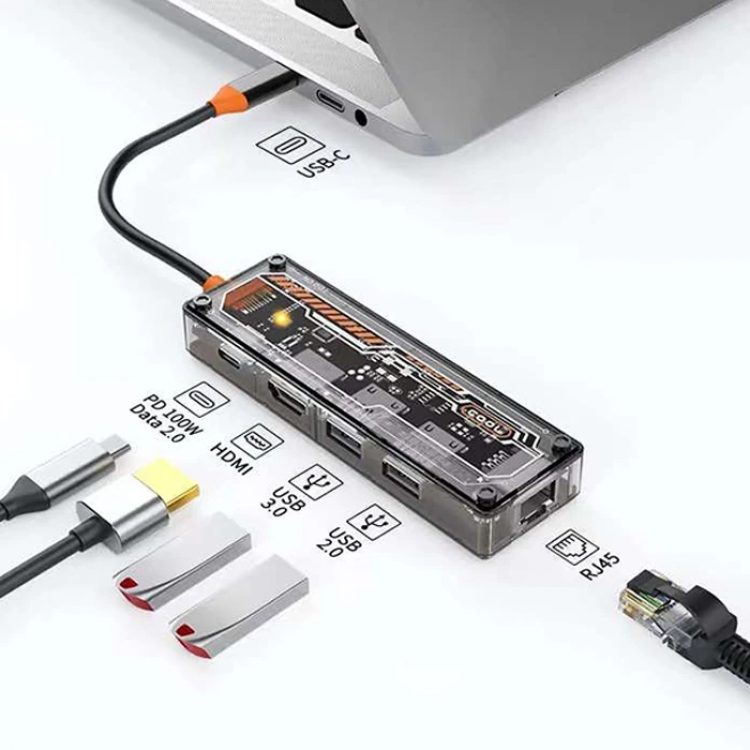 ALLY 5in1 Type-c To USB3.0 +USB2.0 + Type-c PD 100W +HDMI + Ethernet Extender Transparent Hub-(5775)