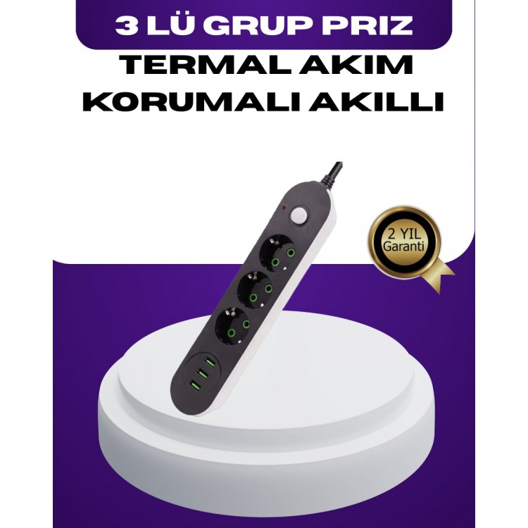 USB Yuvalı Anahtarlı Üçlü Priz 2 Metre Kablolu