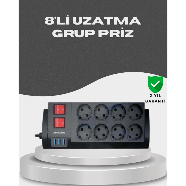 Akım Korumalı 8’li Priz 3 USB’li Uzatma Kablosu Isıya Dayanıklı 2 Metre