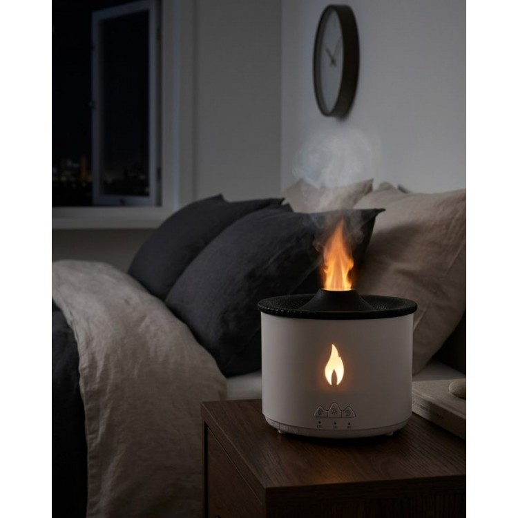 Alev ve Volkan Efektli Ultrasonik Aroma Difüzörü LED Gece Lambalı Hava Nemlendirici