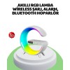 Bu çok amaçlı atmosfer lambası, yaşam alanlarınıza hem teknoloji hem de şıklık katar. Bluetooth hoparlör özelliği sayesinde telefonunuza bağlanarak müzik, podcast veya meditasyon seslerini dinleyebilirsiniz. Kablosuz şarj özelliği ile telefonunuzu masanız