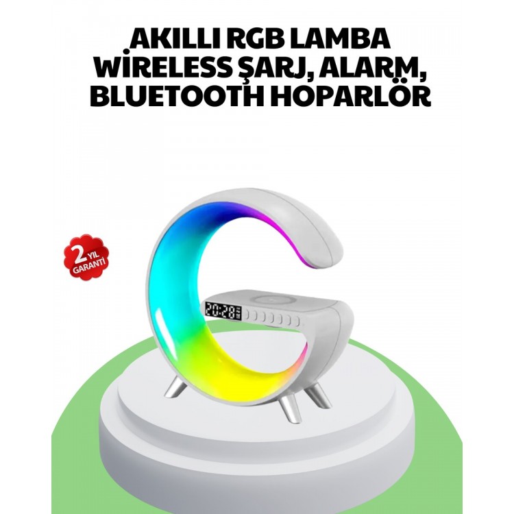 Bluetooth Hoparlörlü RGB Atmosfer Lambası Kablosuz Şarj ve Saat Özellikli