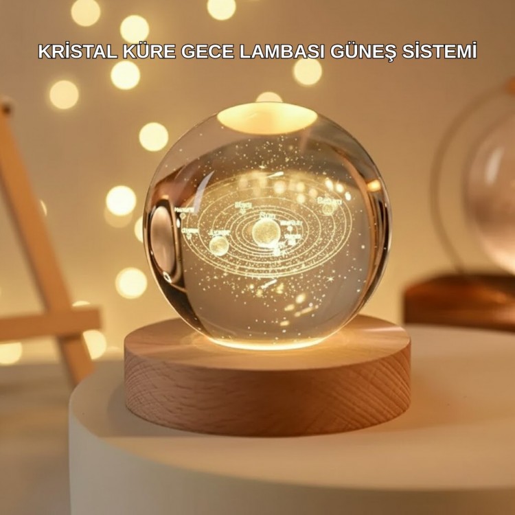USB Bağlantılı Işıklı Kristal Küre Modern Ahşap Tabanlı Dekor