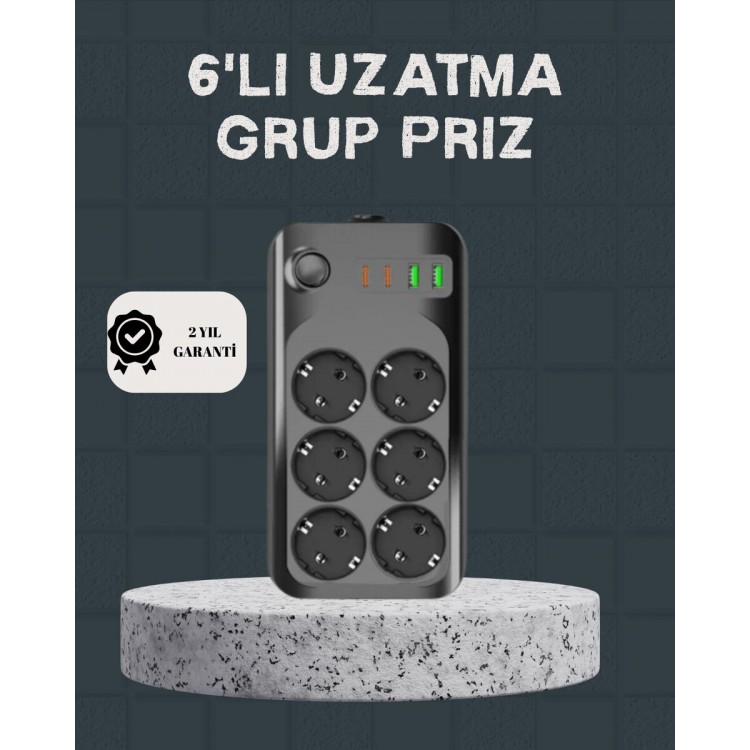 Termal Akım Korumalı 6’lı Uzatma Priz USB Type-C Hızlı Şarj 2500W