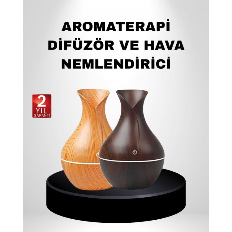 Aromaterapi Difüzör Ahşap Desenli ve Ultrasonik Nemlendirici LED Işıklı