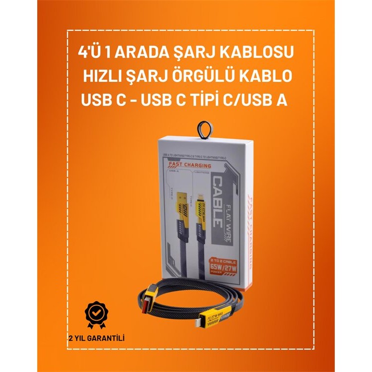 4'ü 1 Arada USB Hızlı Şarj ve Veri Kablosu – 65W Güç Çoklu Bağlantı 1.2m