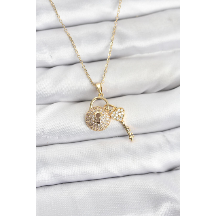316L Çelik Zincir Gold Renk Kilit Anahtar Model Zirkon Taşlı Kadın Kolye 5886