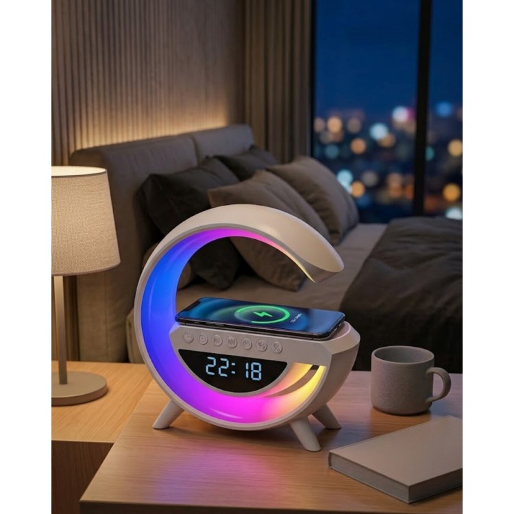 Kablosuz Şarjlı LED Işıklı Masa Saati Bluetooth Hoparlör Alarm Fonksiyonlu