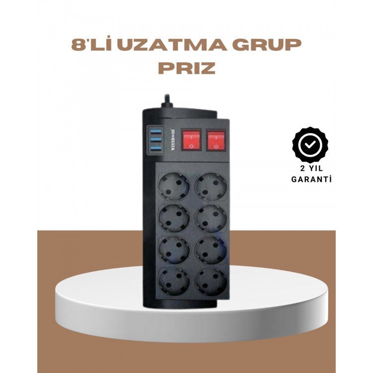 Güçlü Termal Korumalı 8 Priz + 3 USB Çoklu Uzatma Kablosu 2m