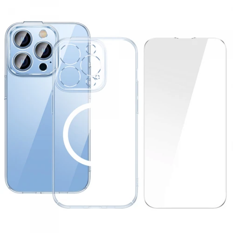 Baseus iPhone 15 Pro Max Crystal Series MagneticMagsafe Silicone Case + Tempered Screen Protector Set-(5775)