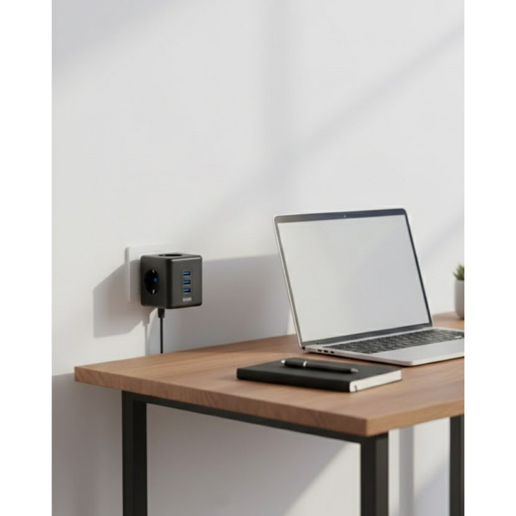 Akım Korumalı Küp Priz 3 Priz Girişi ve 3 USB Şarj Özellikli