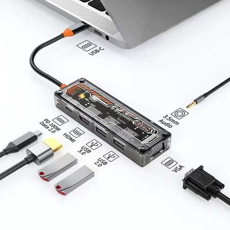ALLY 6in1 Type-c To USB3.0 +USB2.0 + Type-c PD 100W +HDMI + VGA + 3.5mm Coupler TransparentHub-(5775)