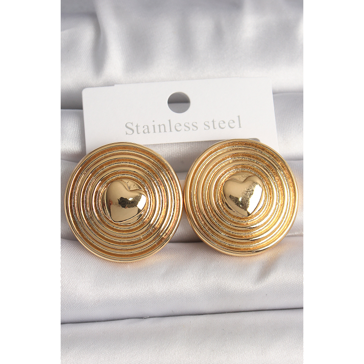 Pirinç Gold Renk Kalp İşlemeli Daire Plaka Model Kadın Küpe 5886
