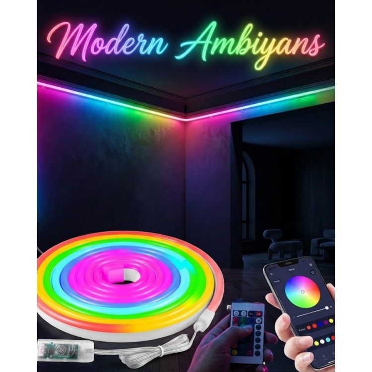 Dekoratif RGB LED Şerit Neon Işık 3 Metre Su Geçirmez Uzaktan Kumandalı Ortam Aydınlatması