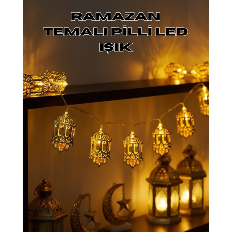 Pilli Ramazan Işıkları Altın Renk Fener Figürlü LED Süsleme