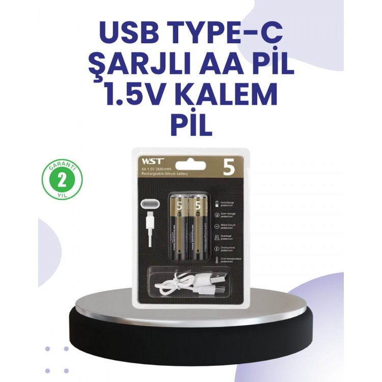 Type-C USB ile Hızlı Şarj Edilebilir AA Kalem Pil | 1.5V Lityum | Çiftli Paket