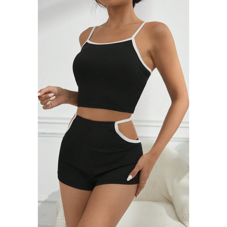 Kadın Siyah Beyaz Şortlu Cut-Out Detaylı Gecelik Takımı H110470