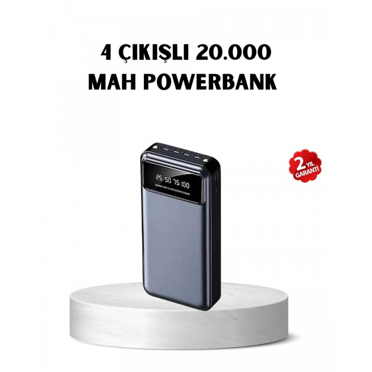 Powerbank 20000 mAh Hızlı Şarjlı LED Fenerli ve 4 Portlu
