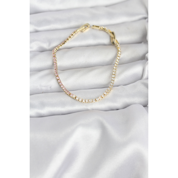 Pembe ve Beyaz Zirkon Taşlı Gold Renk Su Yolu Kadın Bileklik 5886