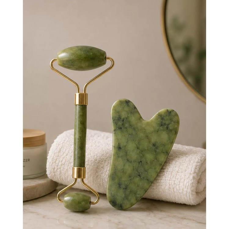 Jade Roller ve Gua Sha Taşı Yüz Bakım Masaj Seti