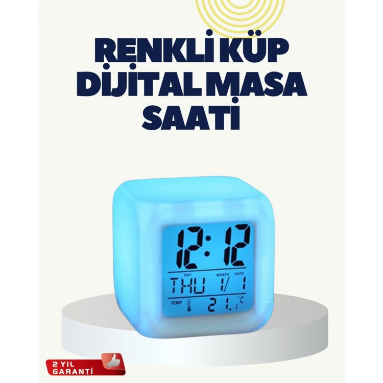 Termometre ve Takvim Özellikli 7 Renk Değiştiren Küp Alarm Saati
