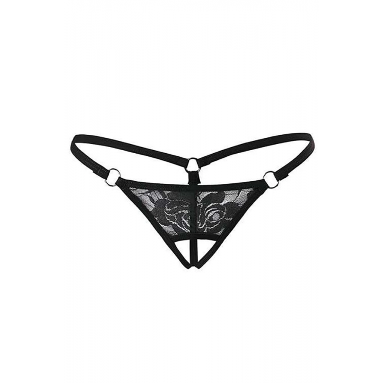 Siyah Dantelli Özel Bölgesi Açık G-String TM1167