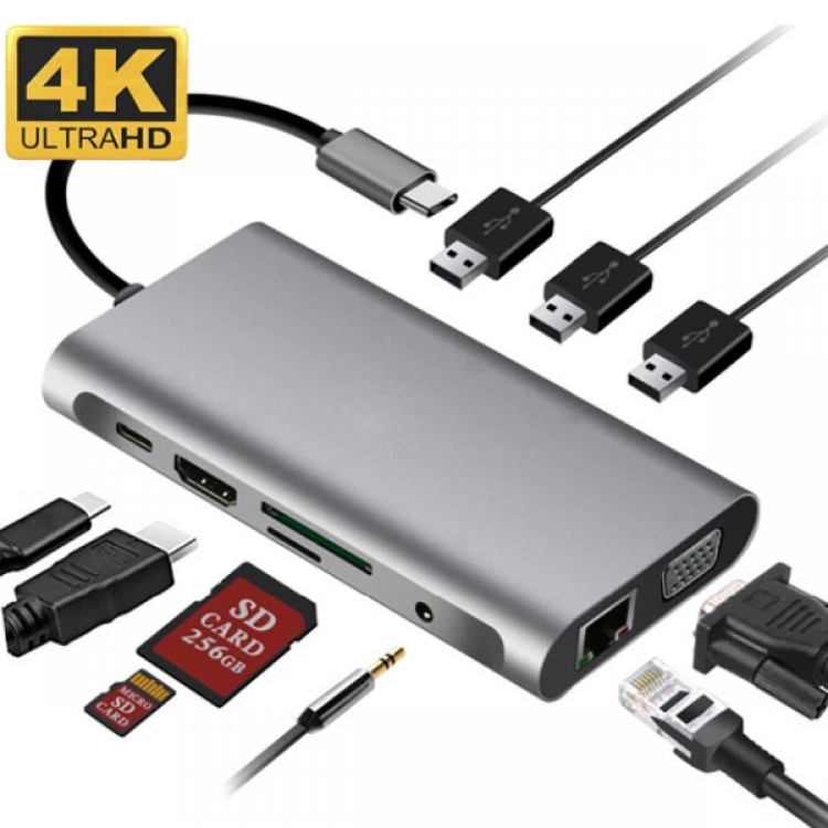ALLY 10 IN 1 HDMI VGA RJ45 PDUSB 3.0 HUB Adapter Multiplexer-(5775)